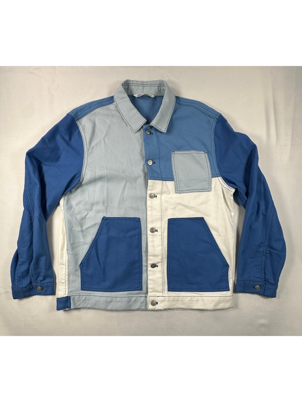 Zara Colorblock Denim Chore Jacket Mens XL Blue White Workwear Trucker Shacket